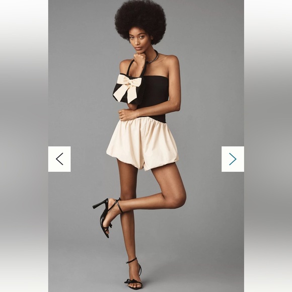 Maeve Pants - Maeve Bubble Hem Romper Tan and Black with smocked back Sz M